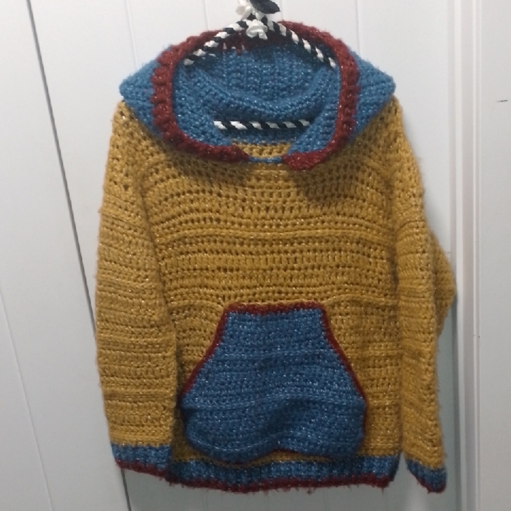HandKnit One Of A Kind Hoodie Sweater Gold Blue Burgundy ✨